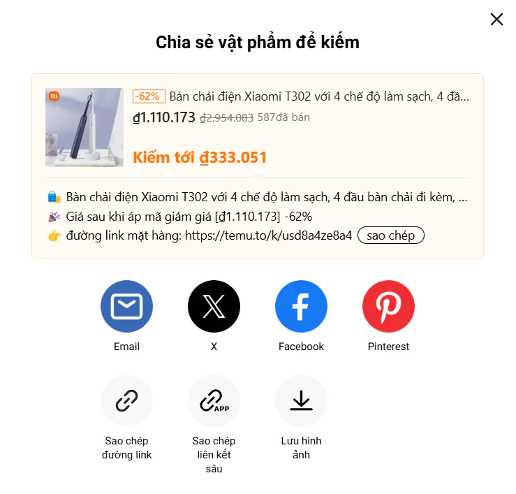 Nếu bạn bán được sản phẩm bàn chải điện Xiaomi với giá khoảng 1.100.000Đ thì bạn có thể nhận được đến hơn 300.000Đ tiền hoa hồng 