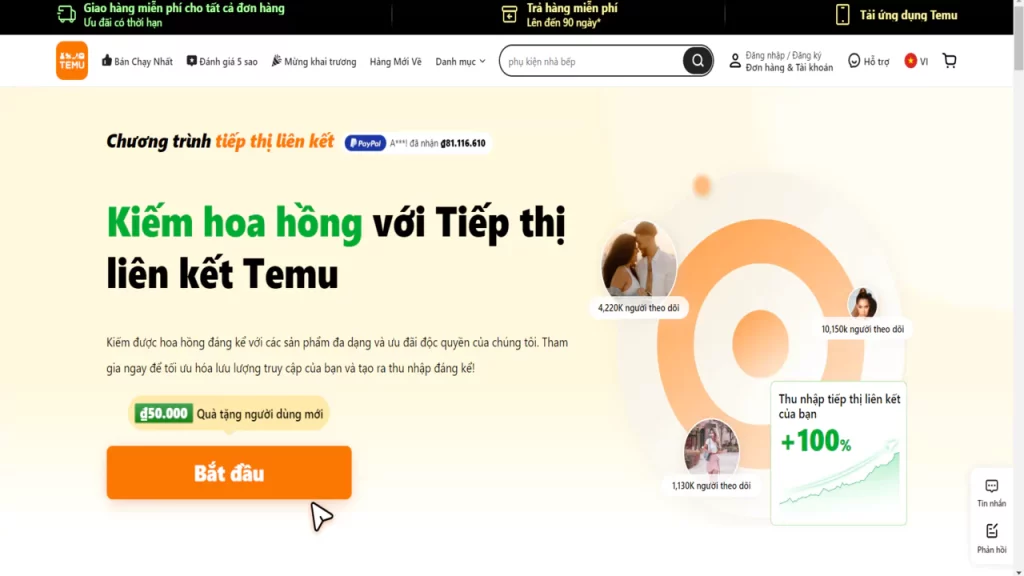 Kiếm tiền trên Temu Affiliate