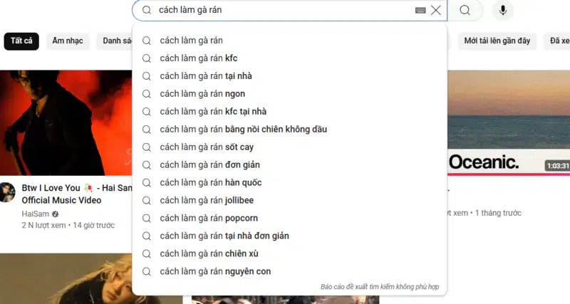 Bạn chỉ cần gõ từ khóa chính và Youtube sẽ gợi ý các từ khóa liên quan