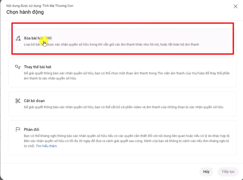 Youtuber lựa chọn các tùy chọn phù hợp để xử lý video vi phạm bản quyền Youtube