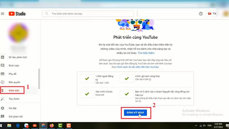 Hướng dẫn đăng ký kiếm tiền trên Youtube