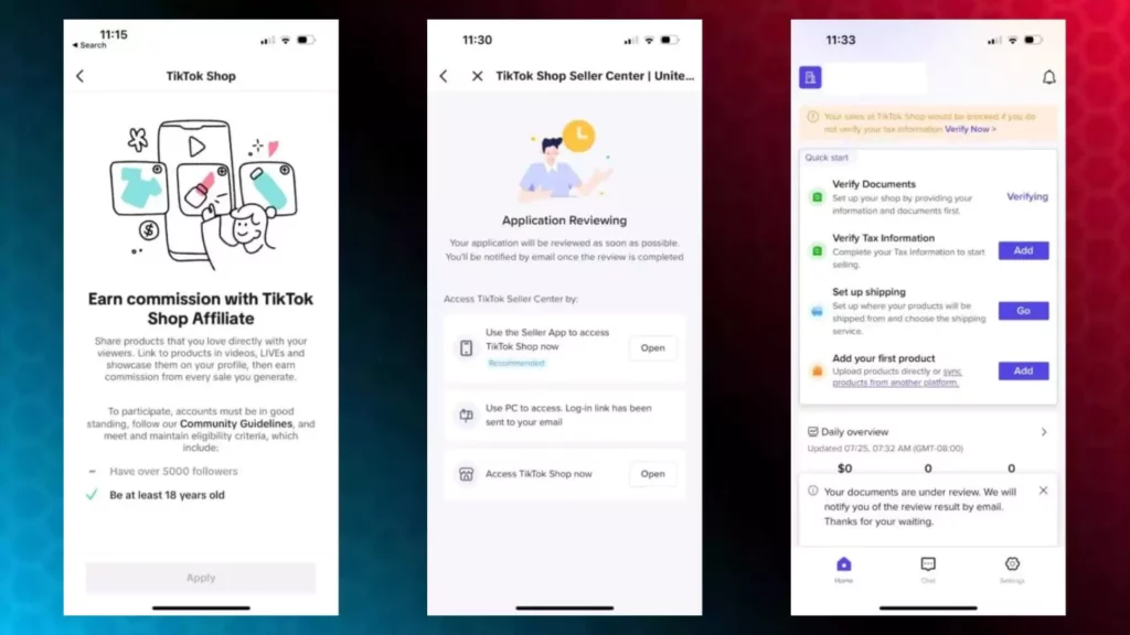 TikTok affiliate registration process on phone
