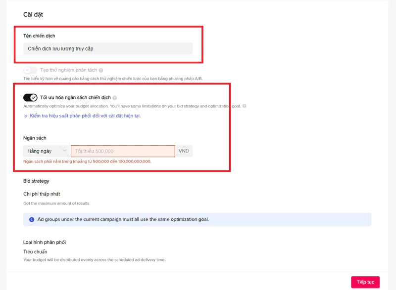 Bạn nên lựa chọn ngân sách quảng cáo Tiktok theo ngày  (trong trường hợp bạn mới tiếp cận chạy quảng cáo tiktok)