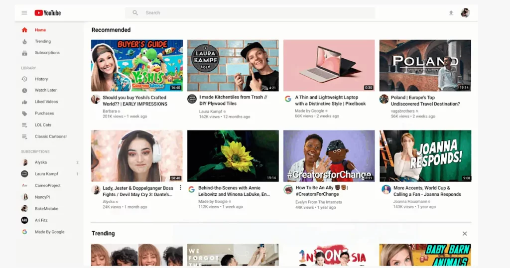 youtube home page